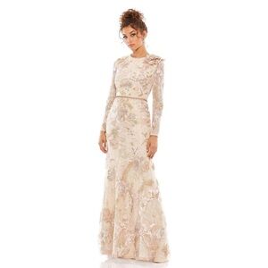 Mac Duggal Blush and Gold Embroidered Long Sleeve Evening Gown